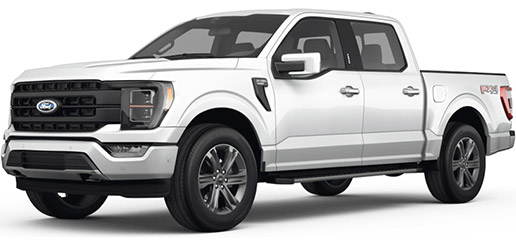 A drivers side front quarter picture of a white, hybrid Ford F-150 Platinum Crew Can pickup truck