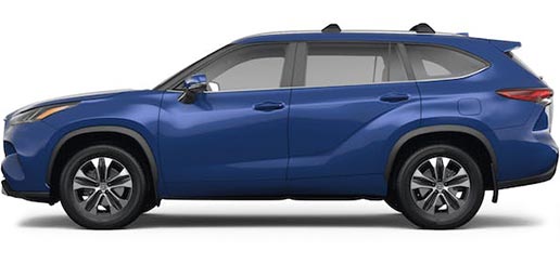 A driver's side profile picture of a 2023 Toyota Highlander XLE with Blueprint Blue exterior paint.