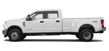 An animation of a White Ford F350 Dually Lariat spinning around and stopping to show a side angle, a front quarter angle, and a rear view of the truck