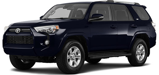 A picture of a 2022 Toyota 4runner sr5 Premium SUV with the midnight black pearl exterior paint color option, taken from the from driver's side angle