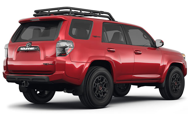 A picture of the back of a 2023 Toyota 4Runner TRD Pro with the red paint color option