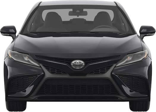 A head on picture of a 2023 Toyota Camry SE with black exterior paint
