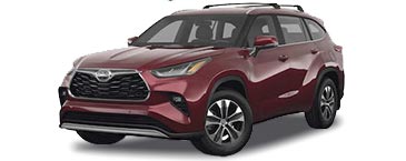 A picture looking at the front and drivers side of a 2023 Toyota Highlander XLE with red exterior paint