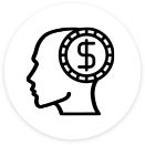 An icon of an outlined profile of a person's face and a coin with a large dollar sign