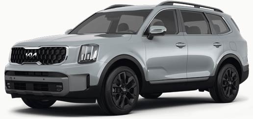 A picture of the Kia 2023 Wolf Gray Telluride SX X-Line SUV, taken from the drivers side front angle