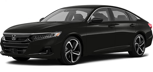 A picture of a 2022 Honda Accord Sport with the Crystal Black Pearl exterior paint color option from a front driver's side angle.