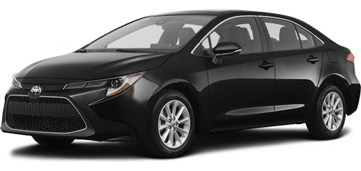 A picture of a Toyota Corolla LE sedan with the black sand pearl exterior paint color option