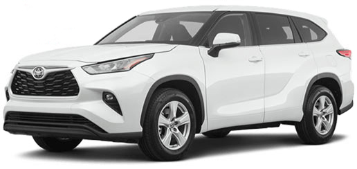 A picture from a driver's side angel, showing the side and front of a white 2022 Toyota Highlander XL SUV.