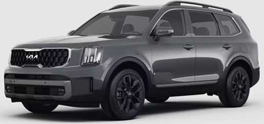A picture of the 2023 Kia Telluride EX X-line SUV with the Gravity Grey exterior paint color option, taken from the drivers side front angle