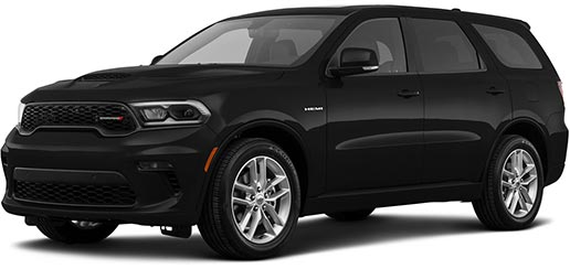 A picture of a 2021 Dodge Durango RT 5.7 Hemi with black exterior paint, taken from the drivers side front corner angle.