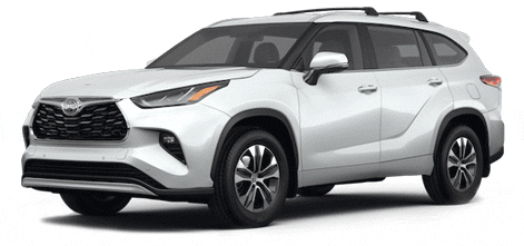 An animation that cycles through the exterior pain color options of a 2023 Toyota Highlander XLE, including Wind Chill Pearl White, Celestial Silver Metallic, Magnetic Grey Metallic, Midnight Black Metallic, Moon Dust Grey, Blueprint Blue & Ruby Flare Pearl Red.