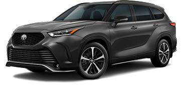 A full vehicle picture of a 2023 Toyota Highlander Limited with dark grey exterior paint, taken from the front driver’s side corner