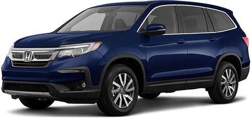 A picture of a 2022 Honda Pilot EX-L with the Obsidian Blue Pearl exterior blue paint color option from a front driver's side angle.