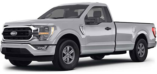 A drivers side front quarter picture of a 2022 Ford F-150 XLT Crew Cab 4WD pickup truck with silver exterior paint