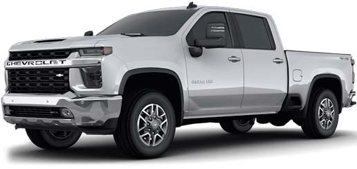 A picture of a two wheel drive 2022 Chevy Silverado LT Crew Cav with silver exterior paint from the driver's side front angle