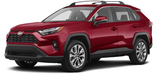 A driver's side front quarter picture of a 2022 Toyota Rav4 LE SUV with ruby red peal exterior paint